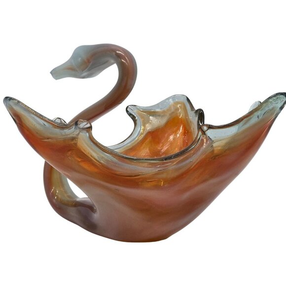 Murano Style Art Glass Swan Dish Amber White Hand Blown Sculptural Centerpiece - Picture 7 of 12